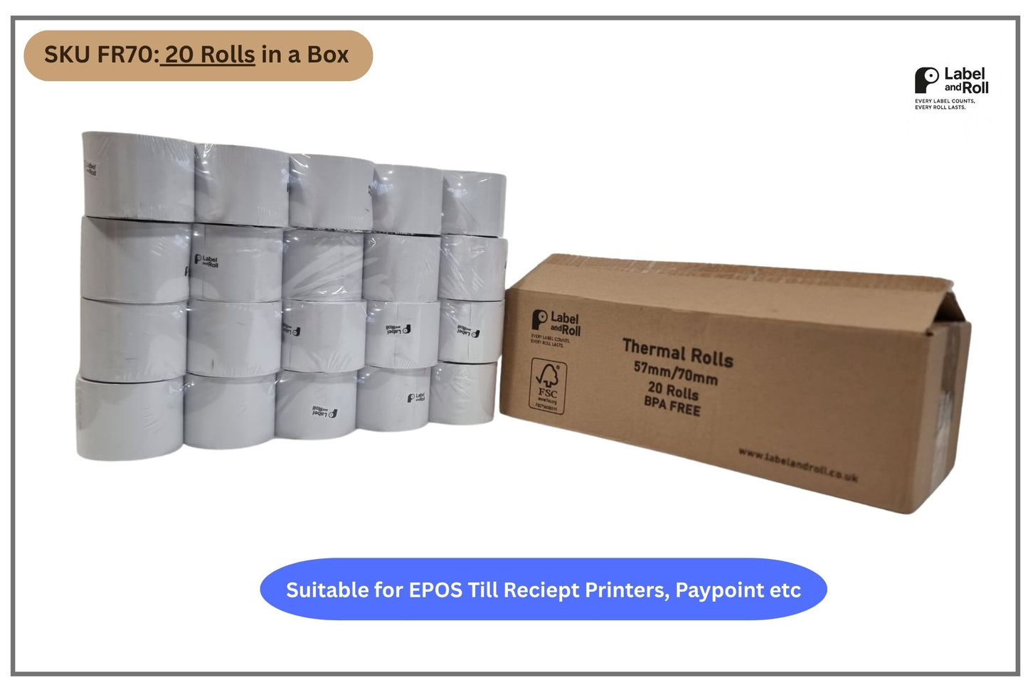 57mm x 70mm Till Rolls – 20 Pack | BPA Free | EPOS & PayPoint Receipt Paper