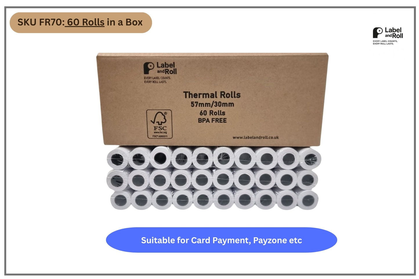 57mm x 30mm Card Machine Rolls – 60 Pack | BPA Free | Payzone/Card Machine Compatible