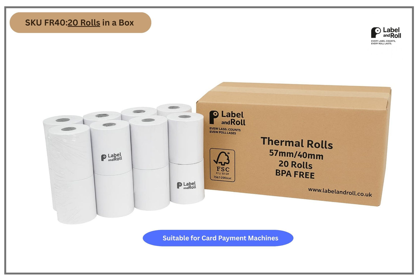 57mm x 40mm Card Machine Rolls – 20 Pack | BPA Free | Thermal Roll