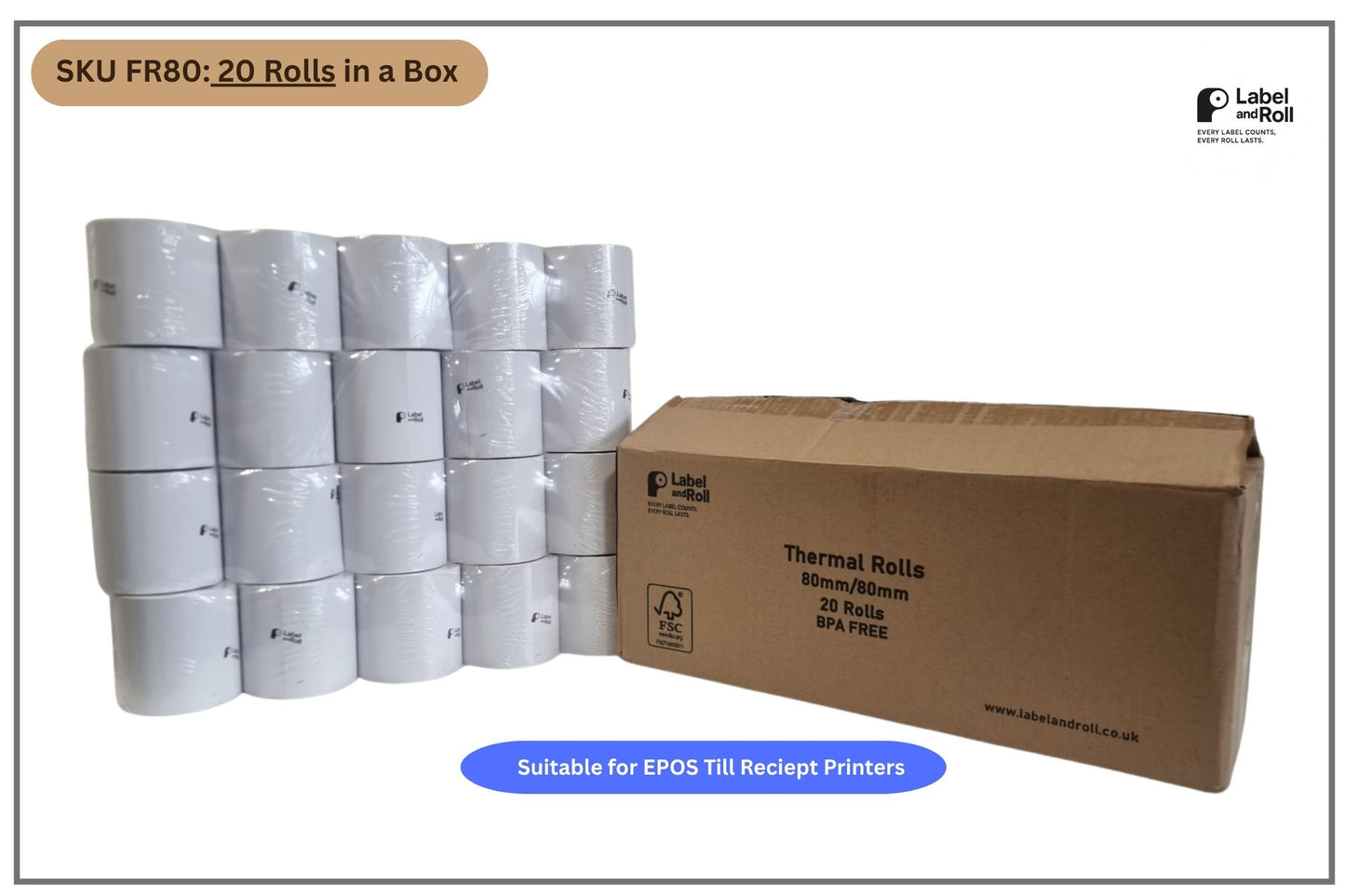 80mm x 80mm Thermal Till Rolls – 20 Pack | BPA Free | EPOS Receipt Paper