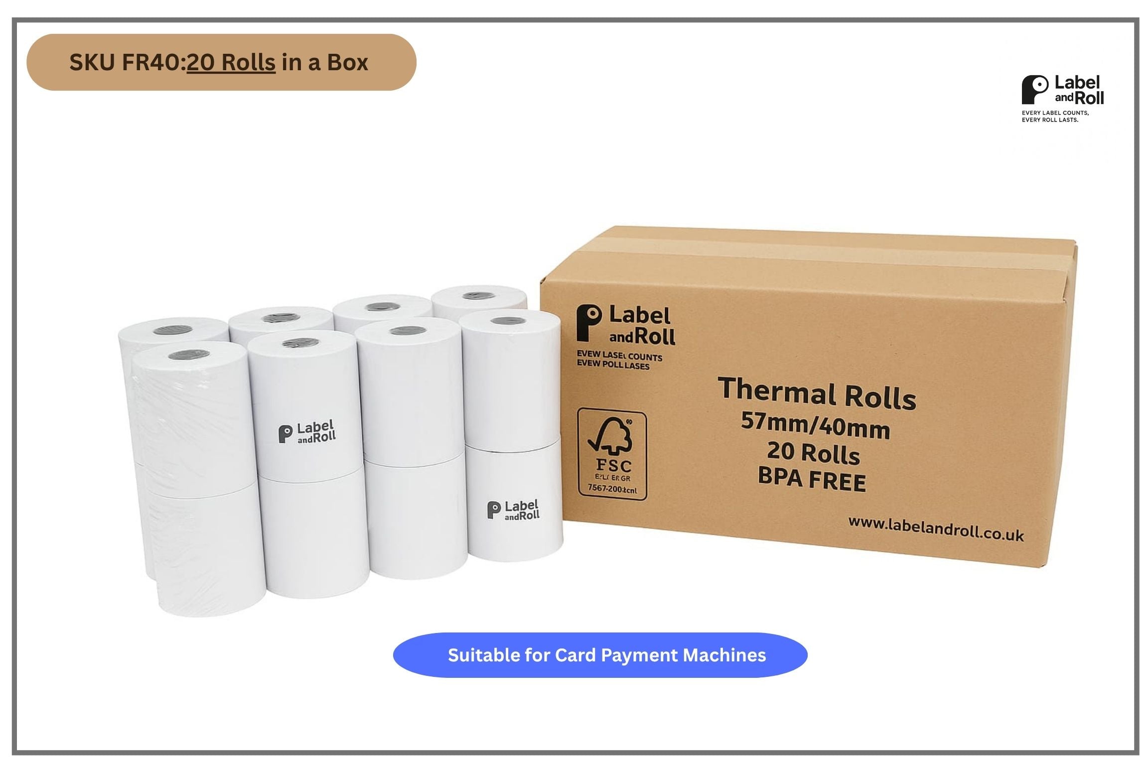 Thermal Rolls 57mm/40mm, 20 Rolls in a Box. SKU FR40